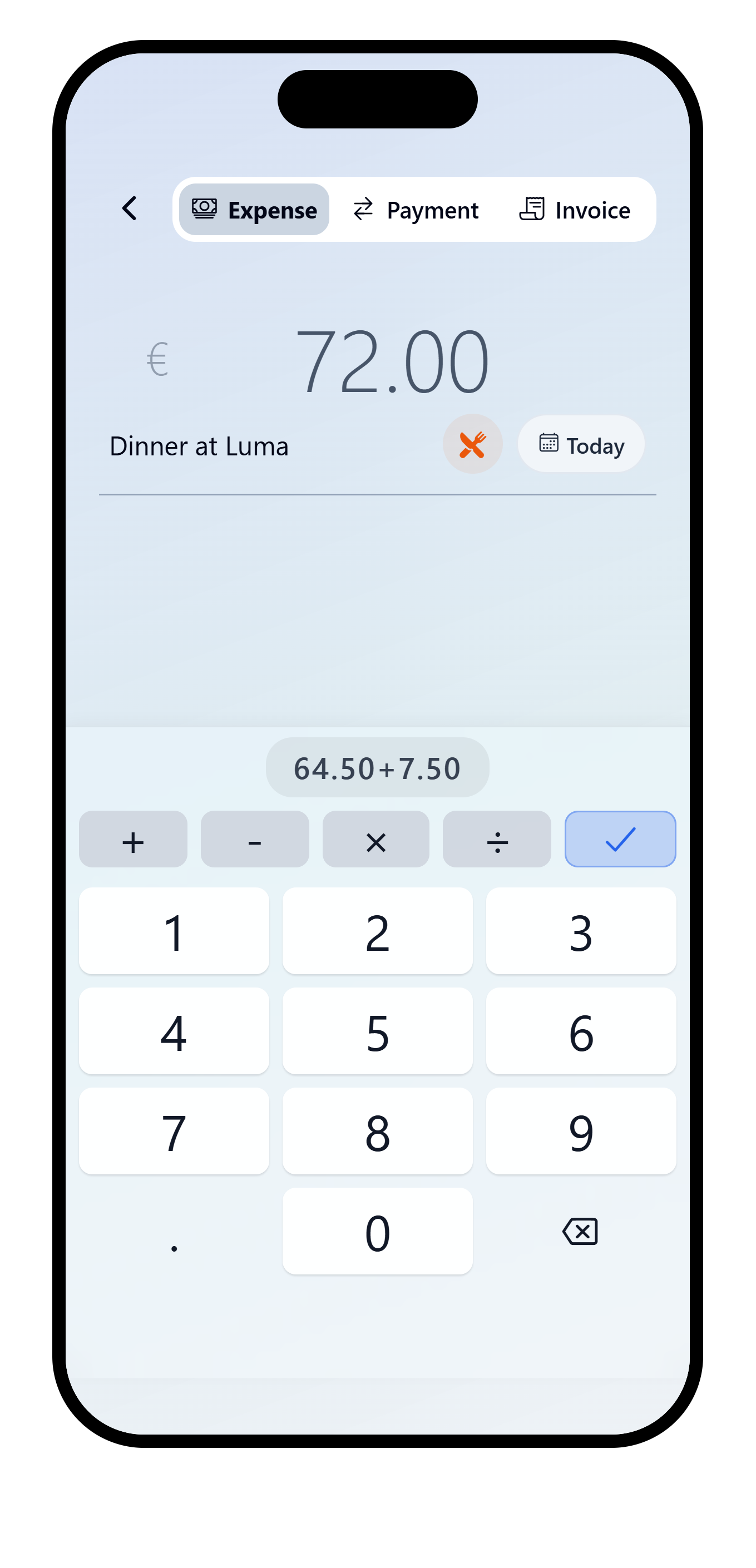 VAKKA amount keypad displaying a calculation expression.