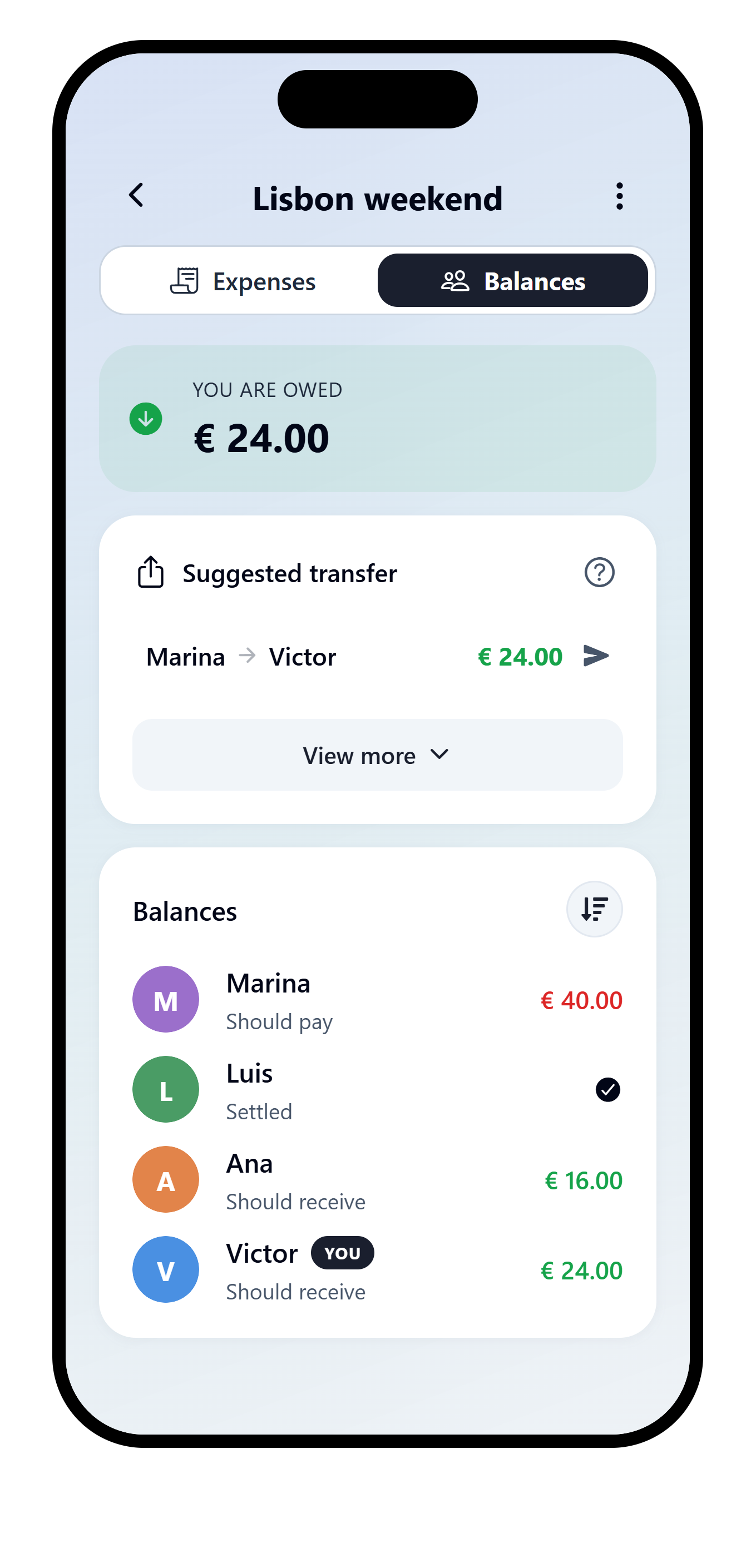 VAKKA suggested repayment from Marina to Victor for EUR 24.00, derived from the Lisbon weekend records.