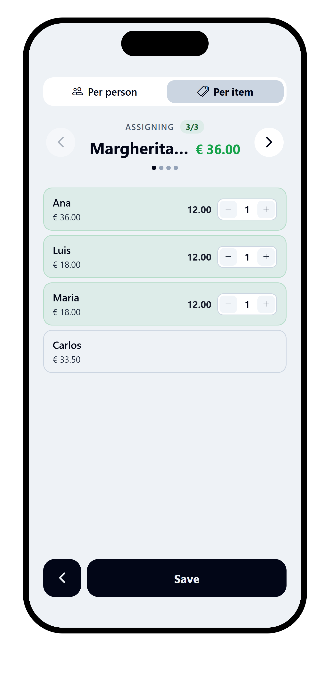 VAKKA invoice assignment organized by product, showing the people sharing the selected item.