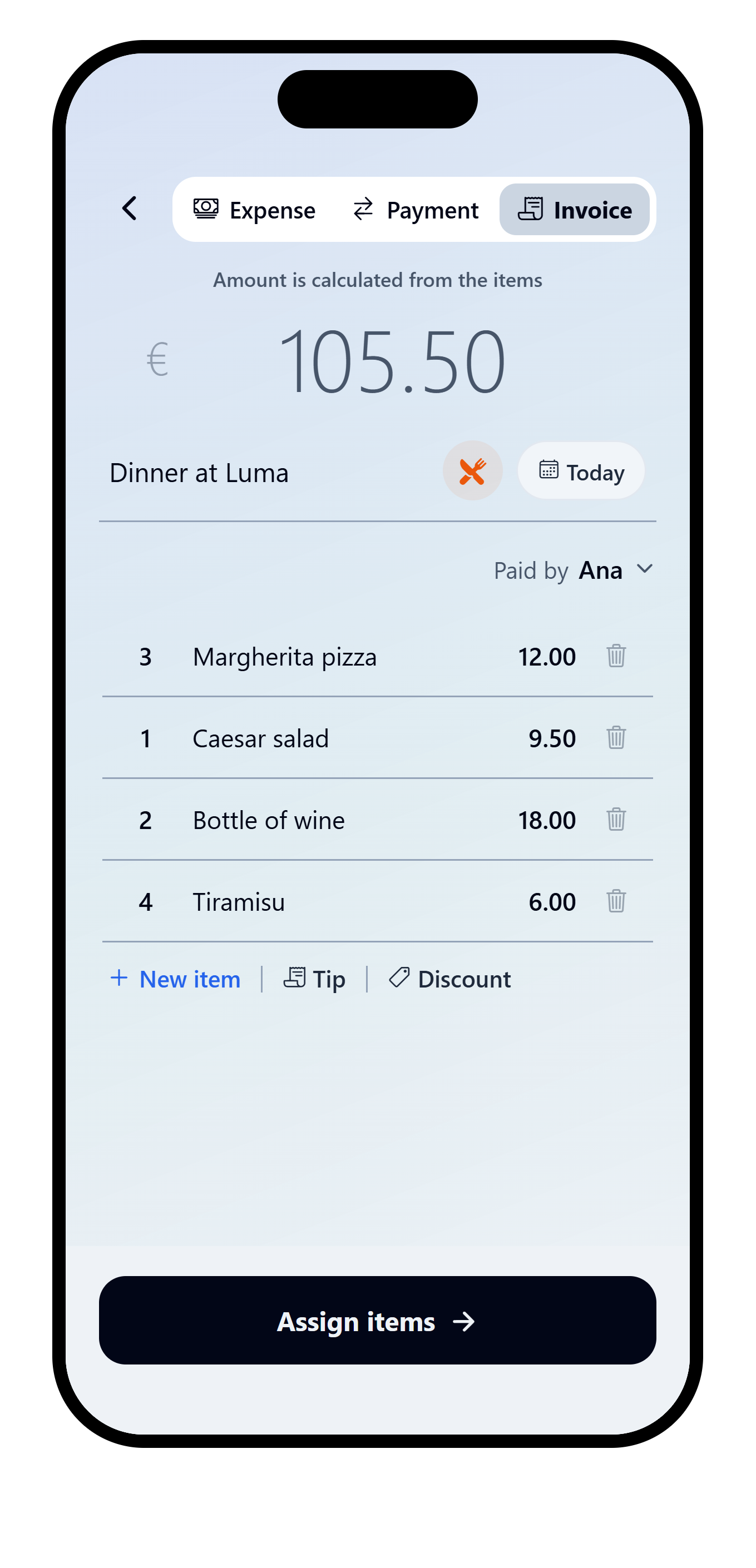 VAKKA itemized invoice with the Assign items action ready at the bottom of the screen.