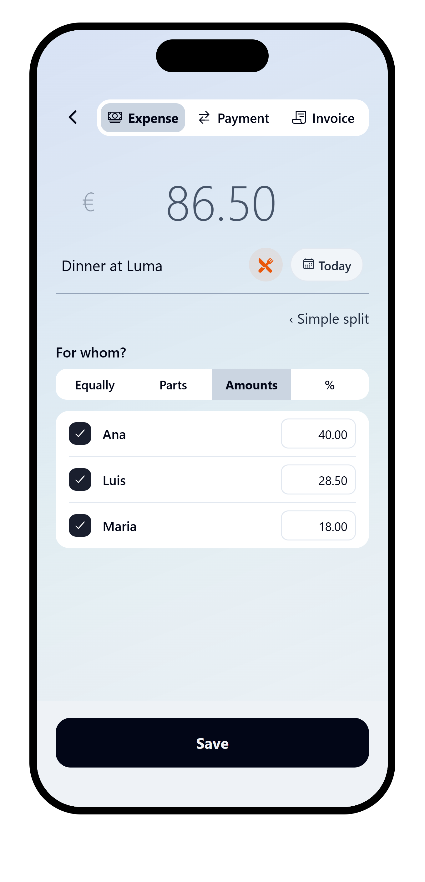 VAKKA expense split by exact amount with a value for each person.