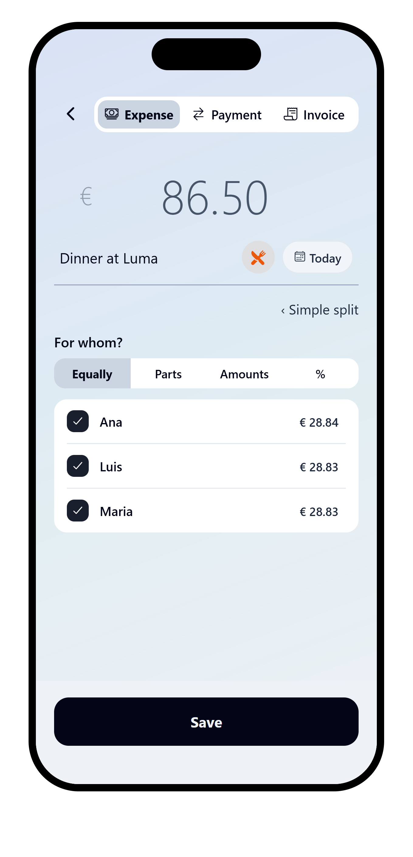 VAKKA advanced expense split showing the people selected to share the cost.