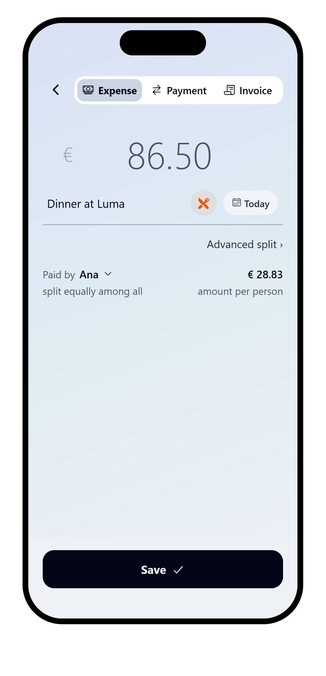 VAKKA simple expense split with the Advanced split action visible.