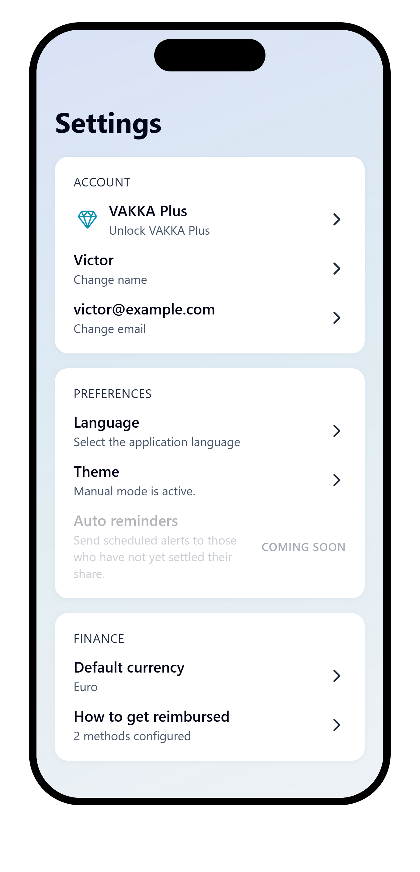 VAKKA Settings with the VAKKA Plus row in the Account section.