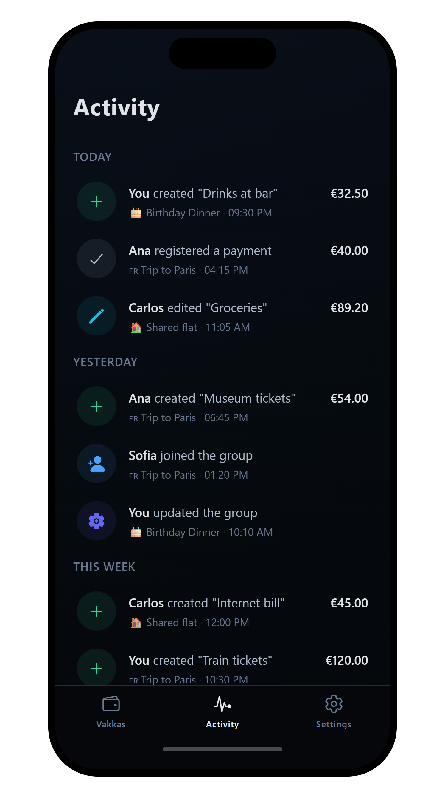 Activity list dark theme